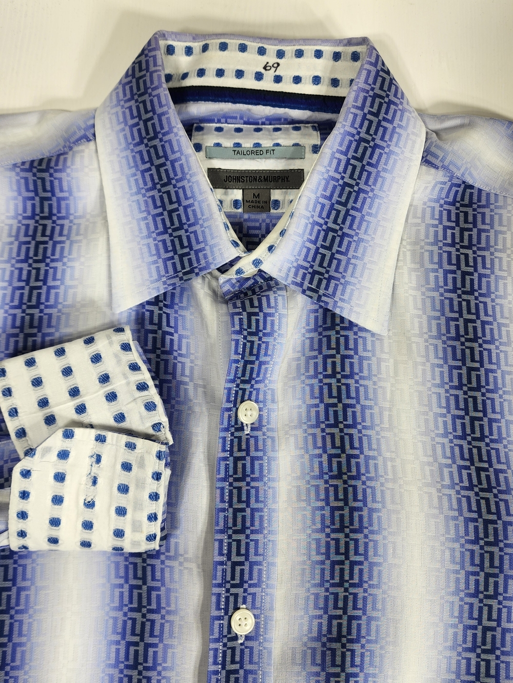 Johnston & Murphy Men's Blue Patterned Tailored Fit Dress Shirt